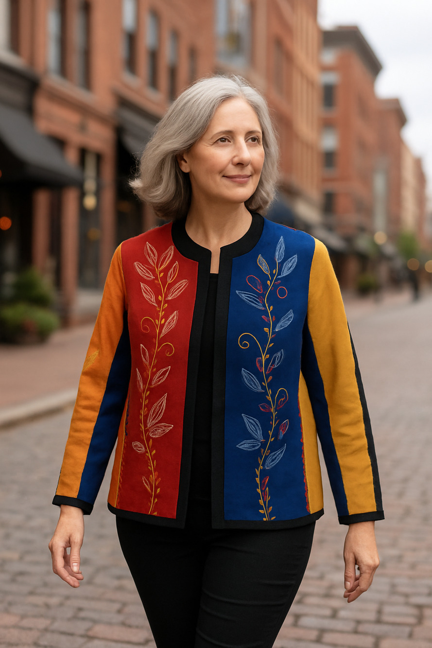 Indigo Moon Colorblock Floral Embroidered Statement Jacket Artsy Chic Sz L